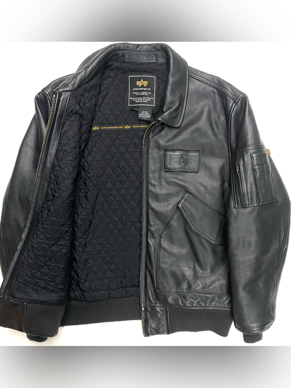 Vintage Alpha Industries CWU 45/P Black Leather Flight Bomber Jacket USA Large